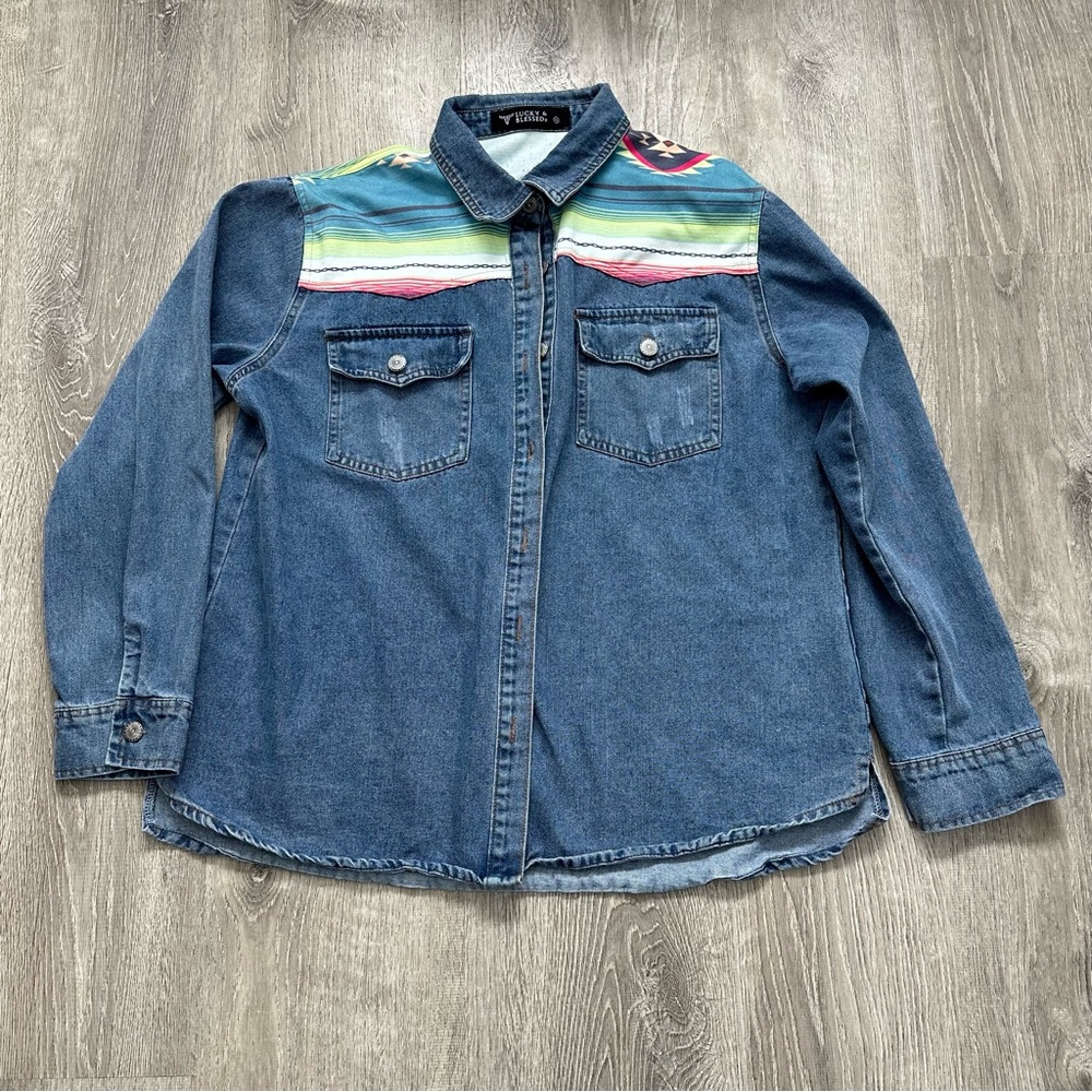 Lucky & Blessed Blue and‎ Red Button Down Shirt